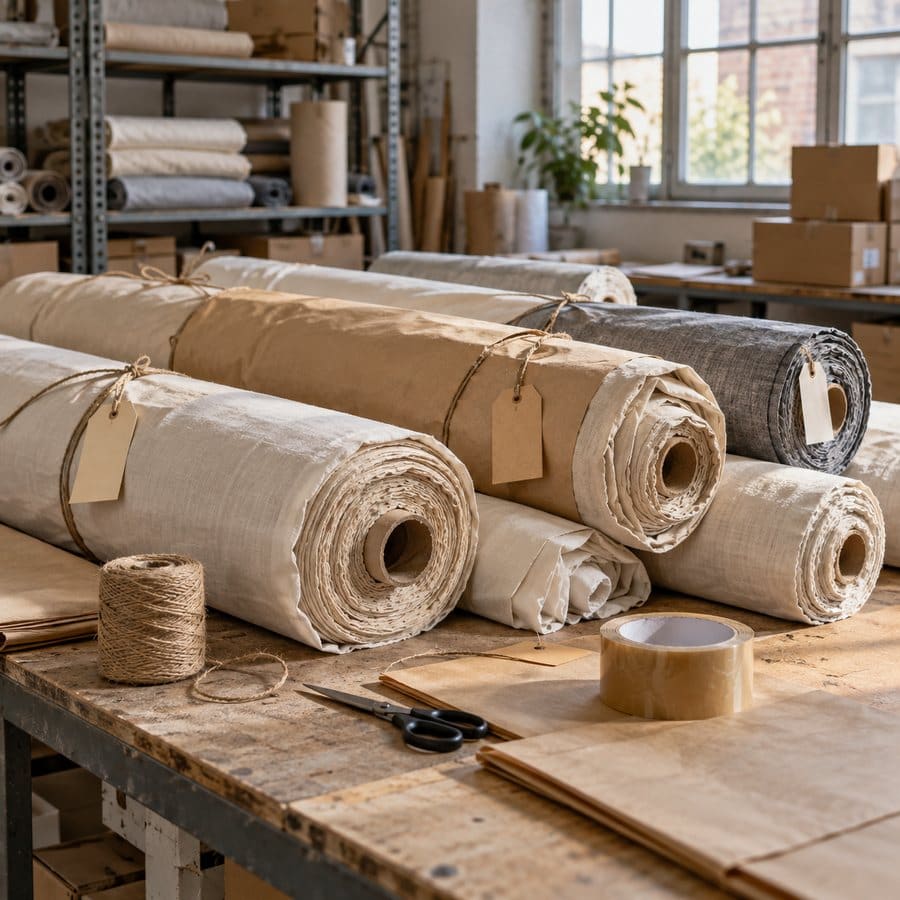 Illustrative textile rolls prepared for packing