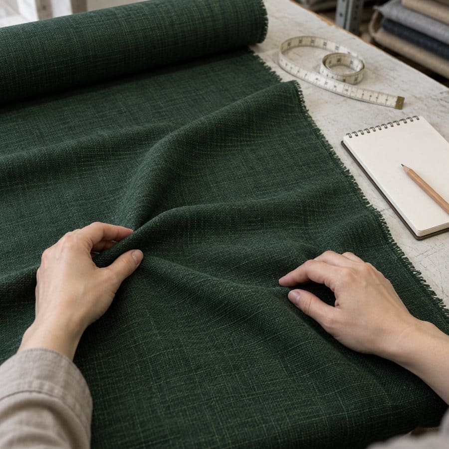 Illustrative hands inspecting a fabric sample